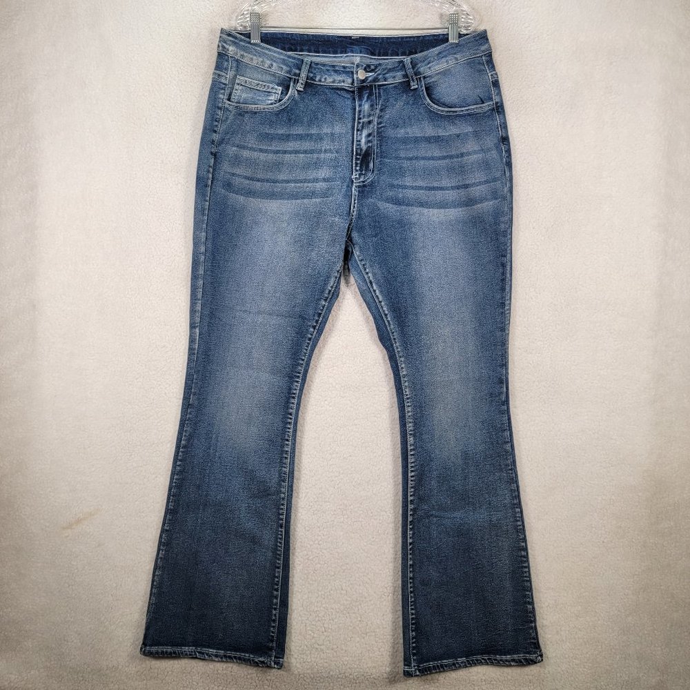 Plus Size Blue Denim Stretch High Rise Embroidered Classic Western Bootcut Jeans